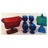 K - Vintage Glassware Collection: Rectangle Indiana Glass Dish, Cobalt Blue Glass Egg Cups, Jeannette Blue and Green Pedestal Glass Wedding Box