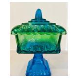 K - Vintage Glassware Collection: Rectangle Indiana Glass Dish, Cobalt Blue Glass Egg Cups, Jeannette Blue and Green Pedestal Glass Wedding Box