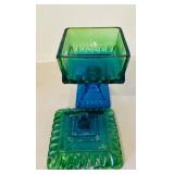 K - Vintage Glassware Collection: Rectangle Indiana Glass Dish, Cobalt Blue Glass Egg Cups, Jeannette Blue and Green Pedestal Glass Wedding Box
