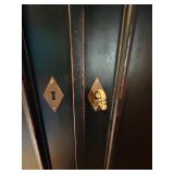 K - Tall Vintage Black Wooden Armoire Cabinet with Shelves and Key