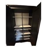 K - Tall Vintage Black Wooden Armoire Cabinet with Shelves and Key