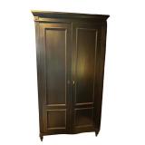 K - Tall Vintage Black Wooden Armoire Cabinet with Shelves and Key
