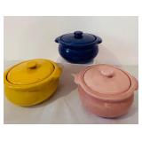 K - Set of 3 Vintage Ceramic Lidded Casserole Dishes in Yellow, Blue, and Pink