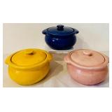 K - Set of 3 Vintage Ceramic Lidded Casserole Dishes in Yellow, Blue, and Pink