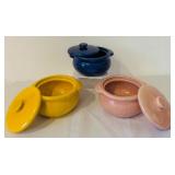 K - Set of 3 Vintage Ceramic Lidded Casserole Dishes in Yellow, Blue, and Pink
