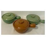 K - Set of 3 Handled Vintage Stoneware Soup Bowls with Lids, 8 x 3 Inches