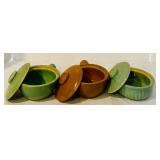 K - Set of 3 Handled Vintage Stoneware Soup Bowls with Lids, 8 x 3 Inches