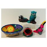 K - Set of 5 Mexican Hand-Painted Talavera Pottery Figures and Bowl