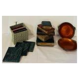 K - Decorative Set Including Faux Stacked Books, Green Marble Coasters, and Fabric Box