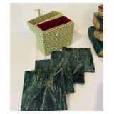 K - Decorative Set Including Faux Stacked Books, Green Marble Coasters, and Fabric Box