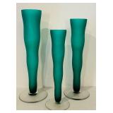 K - Set of 3 14-Inch Frosted Green Glass Vases