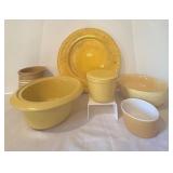 K - Collection of Yellow and Brown Ceramic Kitchenware Including Plates, Bowls, and Containers
