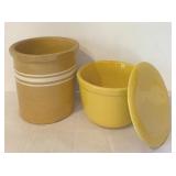 K - Collection of Yellow and Brown Ceramic Kitchenware Including Plates, Bowls, and Containers