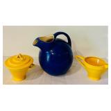 K - Red Wing 547 Blue Ball Jug with Yellow Sugar Bowl and Creamer Set