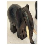 K - African Carved Wood Rhino and Set of 4 Elephant Figurines