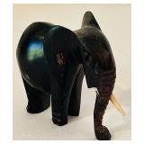 K - African Carved Wood Rhino and Set of 4 Elephant Figurines