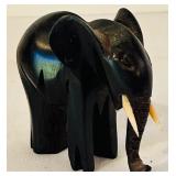 K - African Carved Wood Rhino and Set of 4 Elephant Figurines