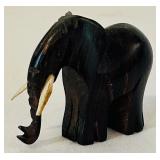 K - African Carved Wood Rhino and Set of 4 Elephant Figurines