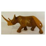 K - African Carved Wood Rhino and Set of 4 Elephant Figurines