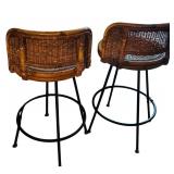 LR - Pair of Vintage Rattan and Metal Bar Stools