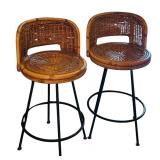 LR - Pair of Vintage Rattan and Metal Bar Stools