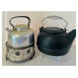K - Set of 2 Vintage Kettles - Cast Iron and Aluminum with Metal Base