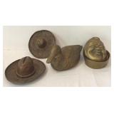 K - Set of 4 Vintage Brass Figurines Including Hats, Duck, and Laughing Face