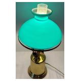 LR - Vintage Brass Table Lamp with Blue Glass Shade