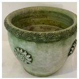 K - Green Glazed Ceramic Flower Pot with Floral Relief 7 x 8 Inch