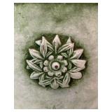 K - Green Glazed Ceramic Flower Pot with Floral Relief 7 x 8 Inch