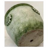 K - Green Glazed Ceramic Flower Pot with Floral Relief 7 x 8 Inch