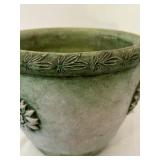 K - Green Glazed Ceramic Flower Pot with Floral Relief 7 x 8 Inch
