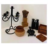 K - Vintage Decor Collection: Wrought Iron Candelabra, Wooden Statue, Binoculars, and Accents