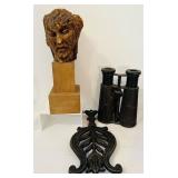 K - Vintage Decor Collection: Wrought Iron Candelabra, Wooden Statue, Binoculars, and Accents