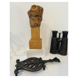 K - Vintage Decor Collection: Wrought Iron Candelabra, Wooden Statue, Binoculars, and Accents