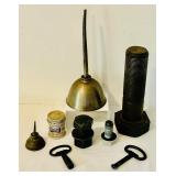LR - Collection of Vintage Industrial Hardware and Oil Cans with Musterole Jar
