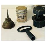 LR - Collection of Vintage Industrial Hardware and Oil Cans with Musterole Jar