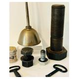 LR - Collection of Vintage Industrial Hardware and Oil Cans with Musterole Jar