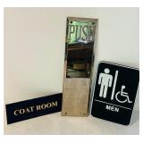 K - Set of 3 Commercial Building Signs: Push Plate, Men Restroom, and Coat Room