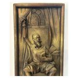 LR - Wood Carved Wall Art Panel Featuring Bearded Man with Book