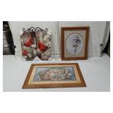 Lot of 3 Framed Art Pieces with Cardinals, Geese and Teddy Bears