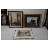 Framed Art Prints Lot including Basket Still Life, Winter Landscape, and Room Interior