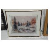 Framed Art Prints Lot including Basket Still Life, Winter Landscape, and Room Interior