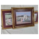 Framed Ann Mount Artwork Prints with Gold Trim The prints depict various outdoor activities, including walking to a schoolhouse and playing by a stream