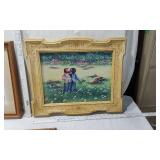 Three Framed Art Prints with Charming Scenes - The first print depicts a child with a calf in a pastoral setting, the second shows two children in a field, and the third features a child with toys