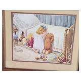 Three Framed Art Prints with Charming Scenes - The first print depicts a child with a calf in a pastoral setting, the second shows two children in a field, and the third features a child with toys