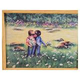 Three Framed Art Prints with Charming Scenes - The first print depicts a child with a calf in a pastoral setting, the second shows two children in a field, and the third features a child with toys