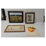 Lot of Framed Art Pieces a landscape photograph of a field with a river, a framed image of an old brick doorway overgrown with plants, a playful illustration featuring teddy bears and animals, and a b