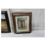Lot of Framed Art Pieces a landscape photograph of a field with a river, a framed image of an old brick doorway overgrown with plants, a playful illustration featuring teddy bears and animals, and a b
