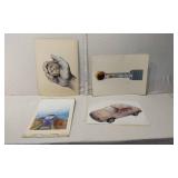 Set of Vintage Illustrations including Hand Holding a Coin, Piston, Car Diagram, and Train Art